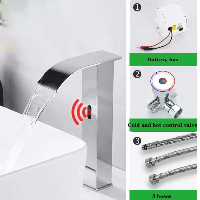 Luxury Matte Black Sensor Bathroom Faucet Cold and Hot Deck Mounted Tap Short and Tall Sink Mixer - Home Fusion