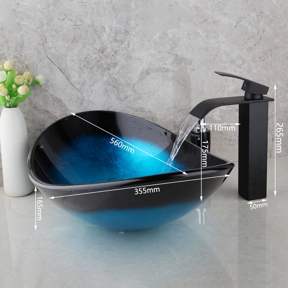 KEMAIDI Bathroom Sink Tempered Glass Washbasin Vessel Sink Waterfall Faucets Combo  Black Bathroom Basin Faucet Tap Set Home Fusion