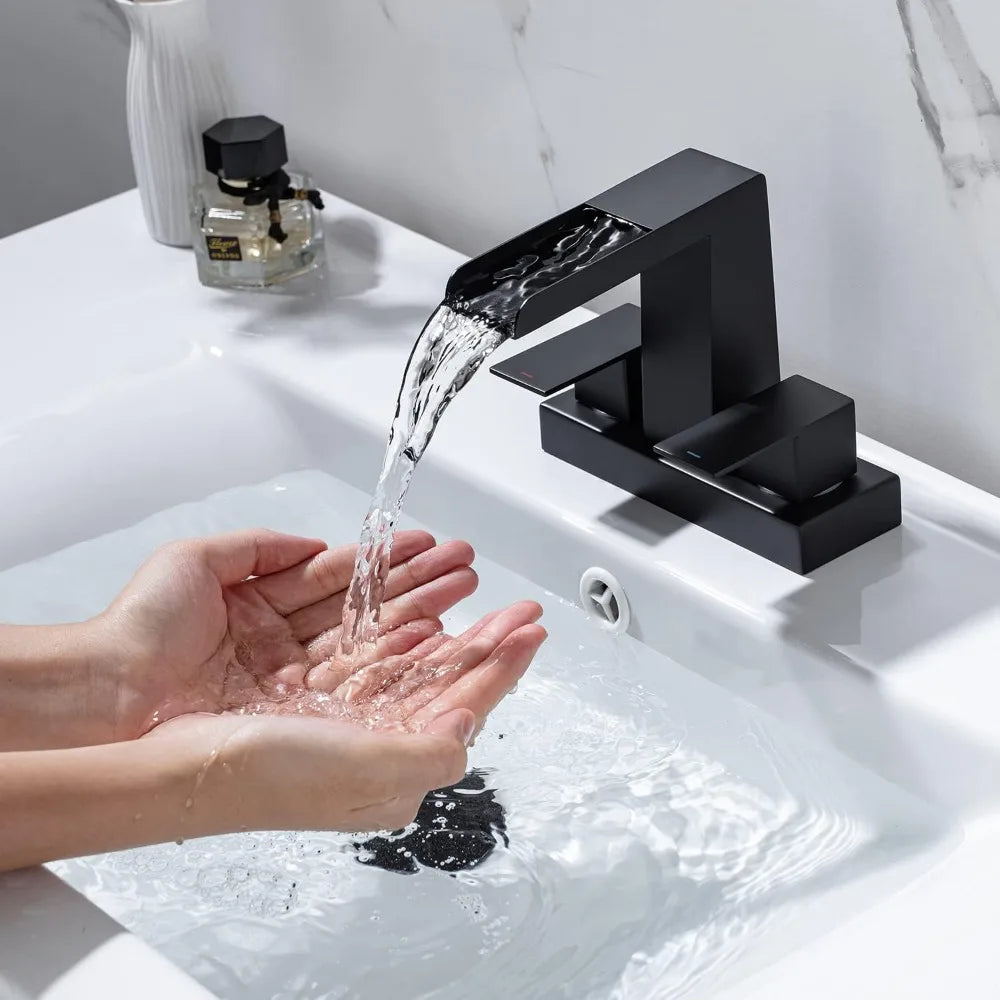 4 Inch Centerset Waterfall Bathroom Faucet 2 Handle 3 Hole Basin Faucet with Pop Up Drain with Overflow Home Fusion