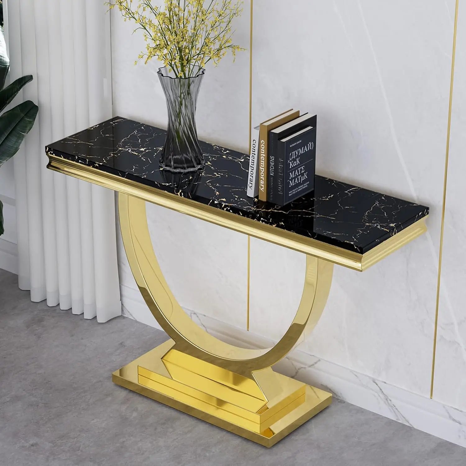 47" Rectangular Coffee Table, Modern White Faux Marble Cocktail Table, with Silver Mirrored Finish U-Shape Stainless Steel Base - Home Fusion