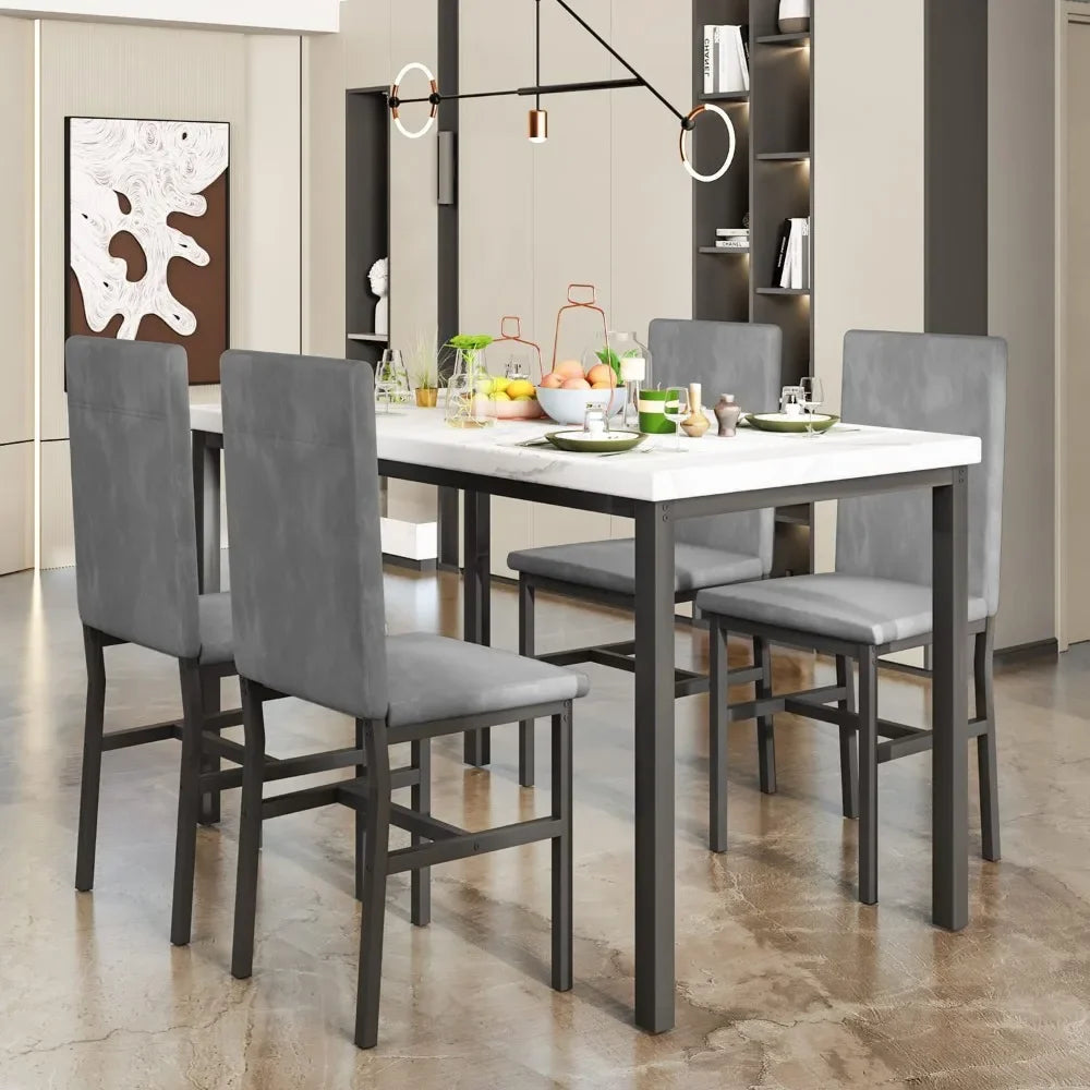 New Dining Table Set for 4 with 4 PU Leather Chairs,5-Piece Marble DiningTable Set with 4 Velvet Metal Frame Chairs for Kitchen - Home Fusion
