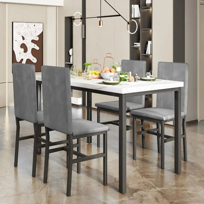 New Dining Table Set for 4 with 4 PU Leather Chairs,5-Piece Marble DiningTable Set with 4 Velvet Metal Frame Chairs for Kitchen - Home Fusion