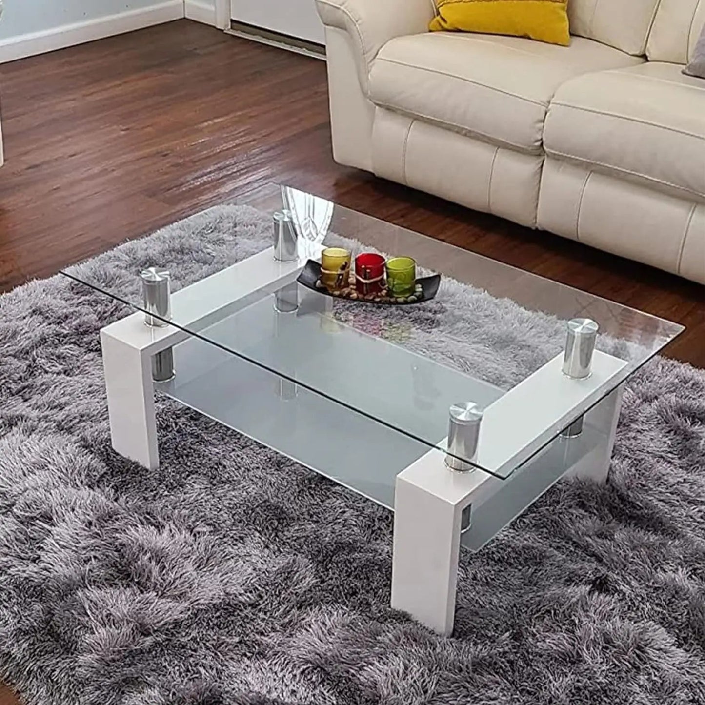 Rectangler Center Table with LED Lights2-Tier Tea Table Modern Side Coffee Table for Living Room - Home Fusion