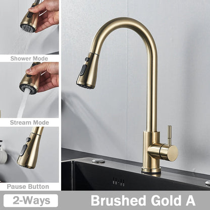 Brushed Nickel Kitchen Faucet Flexible Pull Out Nozzle Kitchen Sink Mixer Tap Stream Sprayer Head Deck Black Hot Cold Water Taps - Home Fusion