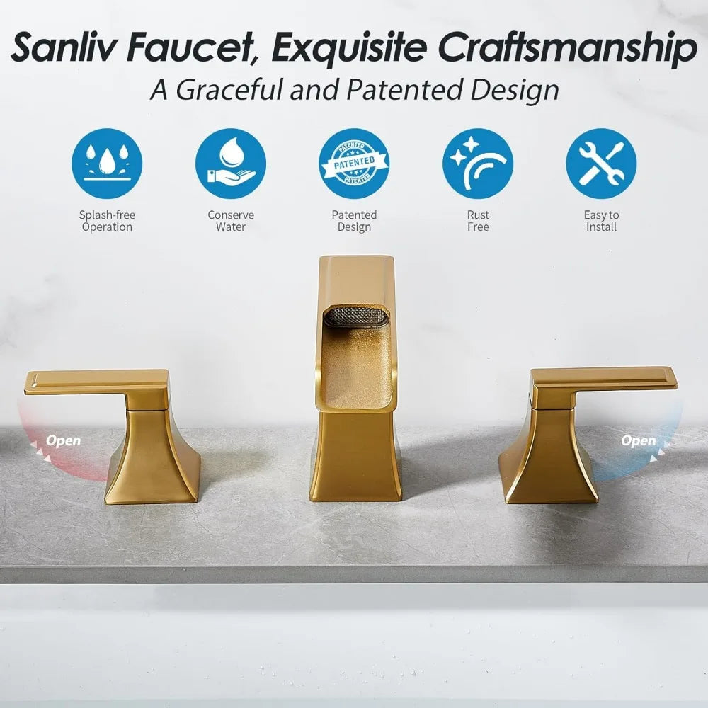 Wide Bathroom Faucet 3 Holes Brushed Gold Bathroom Sink Faucet With Pop-up Drain Wash Hands Sinks Kitchen Basin Luxury Modern - Home Fusion