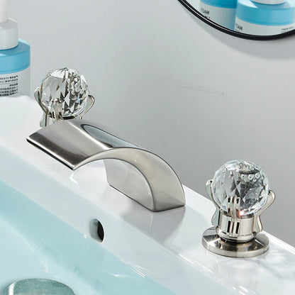 LED Widespread Bathroom Faucet Waterfall Gold Polished Lavatory Faucets Basin Mixer Tap 2 Crystal Knobs 3 Holes - Home Fusion