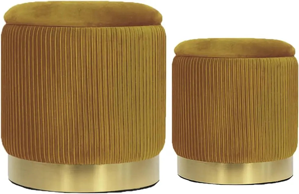 Round with Storage Set of 2, Velvet Storage Ottoman for Living Room, Round Storage, Ottoman Chair, Gold - Home Fusion