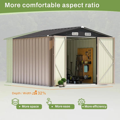 8x10 FT Outdoor Storage Shed, Large Garden Tool Metal Shed with Sloping Roof and Double Lockable Door,Outdoor Shed for Backyard - Home Fusion