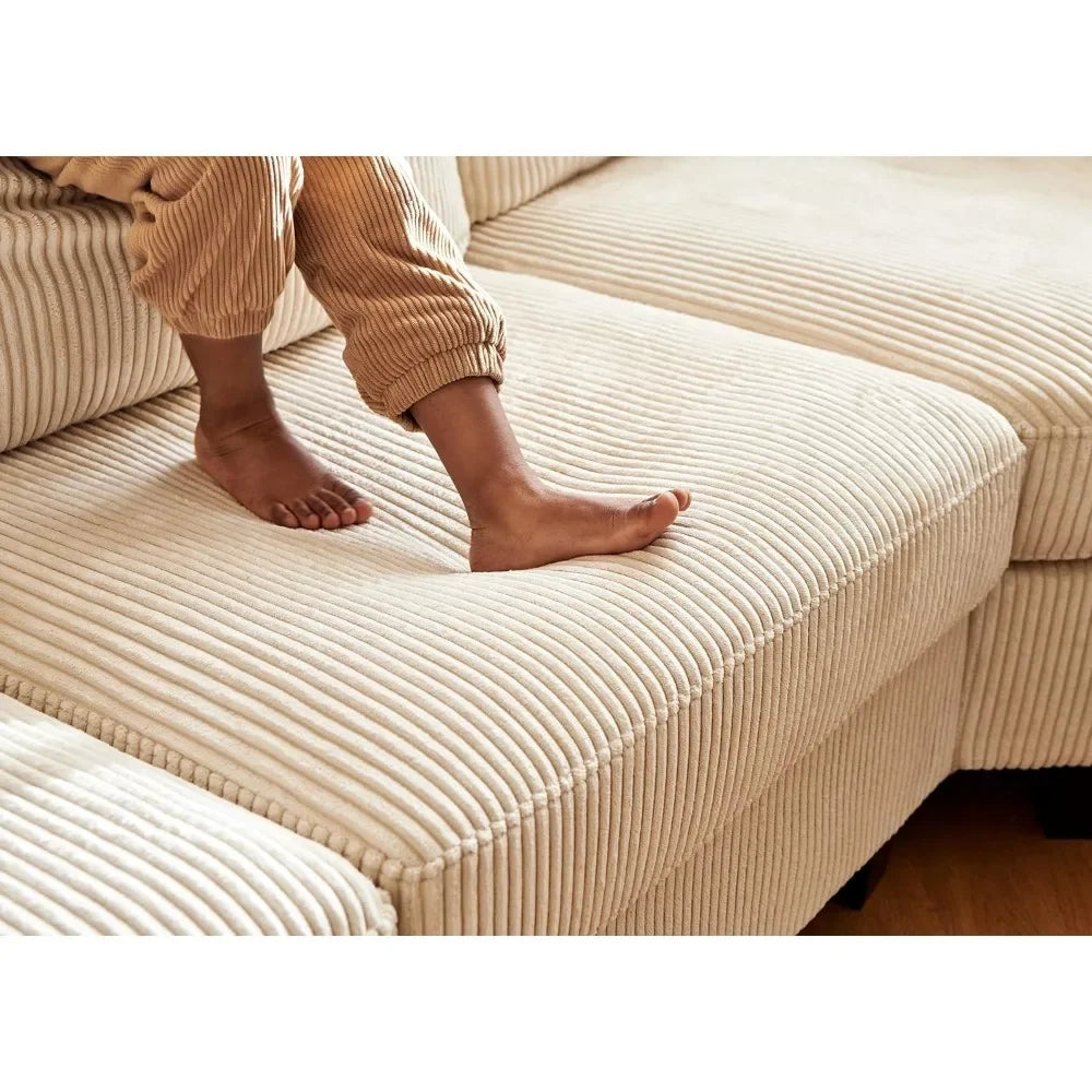 Sectional Sofa with Storage Ottoman, U Shape Sectional Couch Corduroy Modular Sectional Couches for Living Room, Beige - Home Fusion