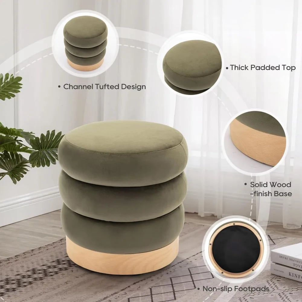 Velvet Ottoman Footstool, Tufted Modern Foot Rest Stool with Wood Base for Living Room, Bedroom, Desk, Round Versatile Side End - Home Fusion