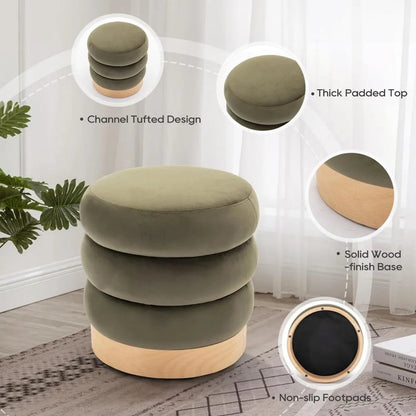 Velvet Ottoman Footstool, Tufted Modern Foot Rest Stool with Wood Base for Living Room, Bedroom, Desk, Round Versatile Side End - Home Fusion