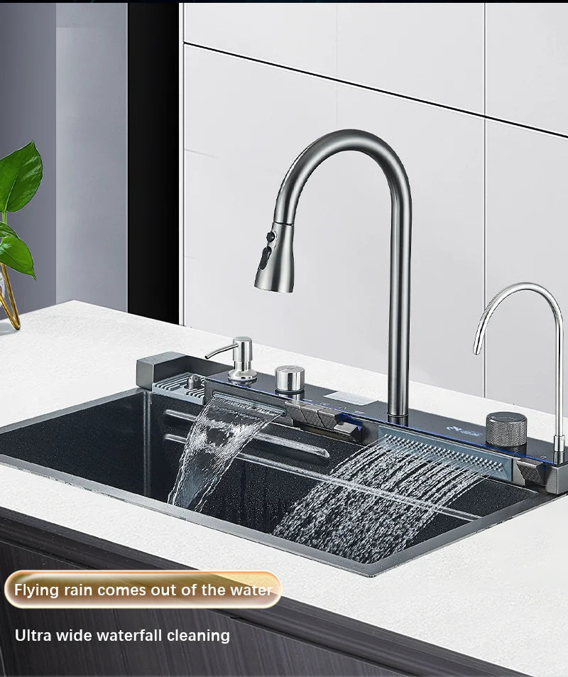 304 Stainless Steel Waterfall Kitchen Sink Large Single Slot Integrated Digital Display Faucet Set Soap Dispenser Cup Washer Home Fusion