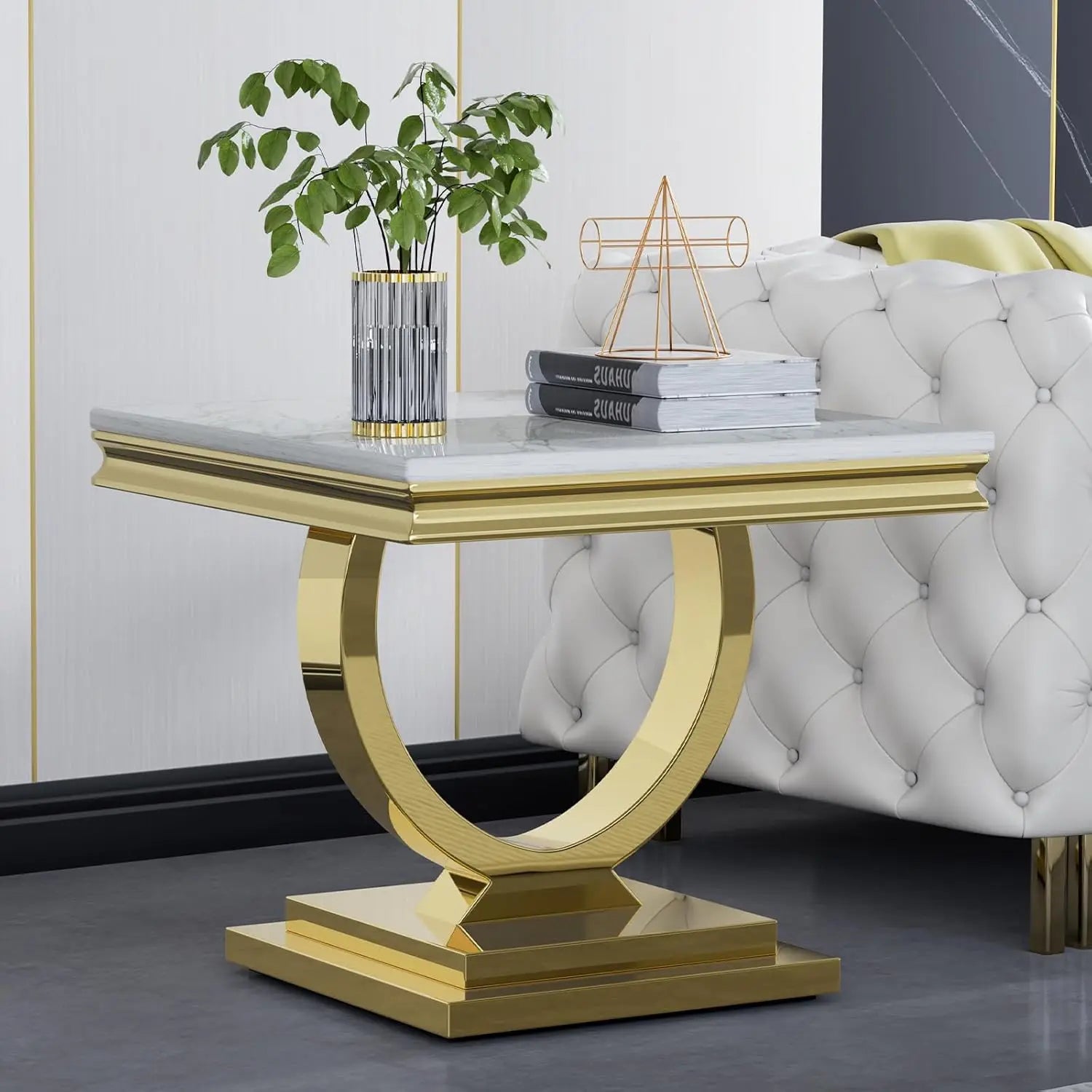 47" Rectangular Coffee Table, Modern White Faux Marble Cocktail Table, with Silver Mirrored Finish U-Shape Stainless Steel Base - Home Fusion