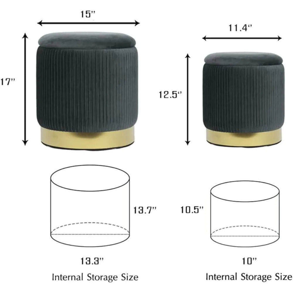 Round with Storage Set of 2, Velvet Storage Ottoman for Living Room, Round Storage, Ottoman Chair, Gold - Home Fusion