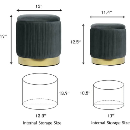 Round with Storage Set of 2, Velvet Storage Ottoman for Living Room, Round Storage, Ottoman Chair, Gold - Home Fusion