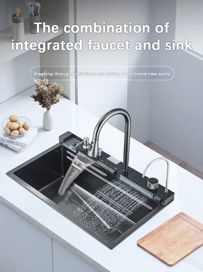 304 Stainless Steel Waterfall Kitchen Sink Large Single Slot Integrated Digital Display Faucet Set Soap Dispenser Cup Washer Home Fusion