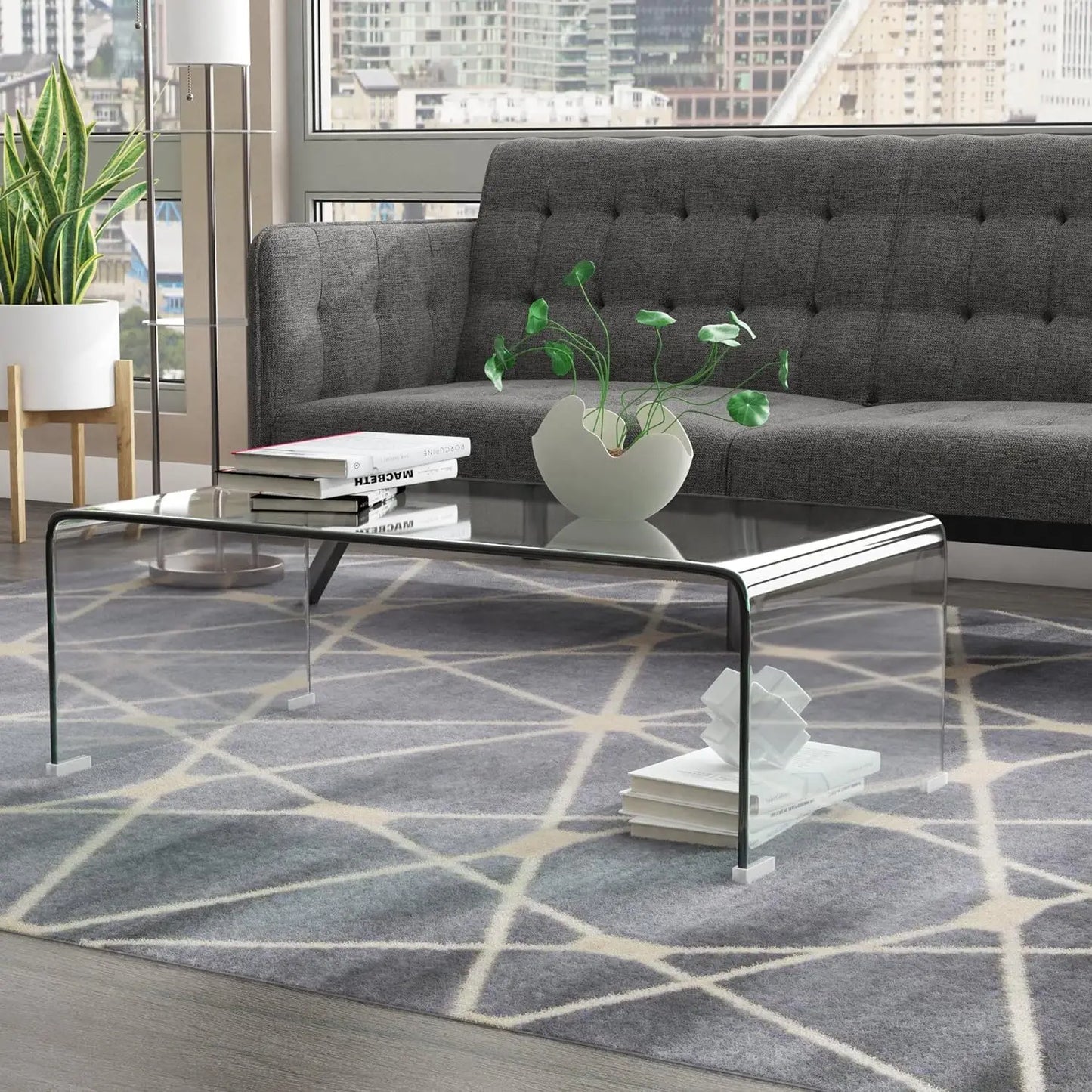 Rectangler Center Table with LED Lights2-Tier Tea Table Modern Side Coffee Table for Living Room - Home Fusion