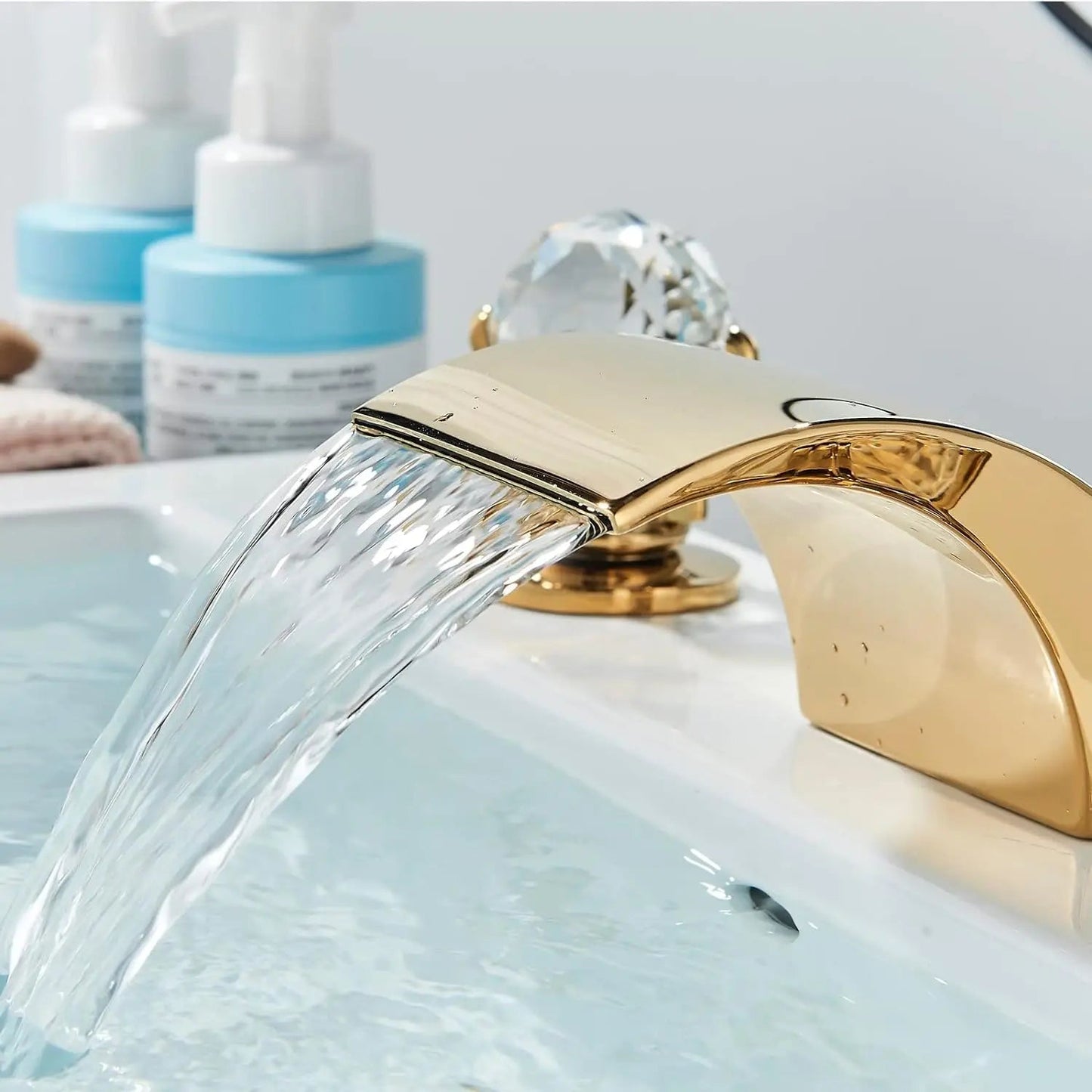 LED Widespread Bathroom Faucet Waterfall Gold Polished Lavatory Faucets Basin Mixer Tap 2 Crystal Knobs 3 Holes - Home Fusion