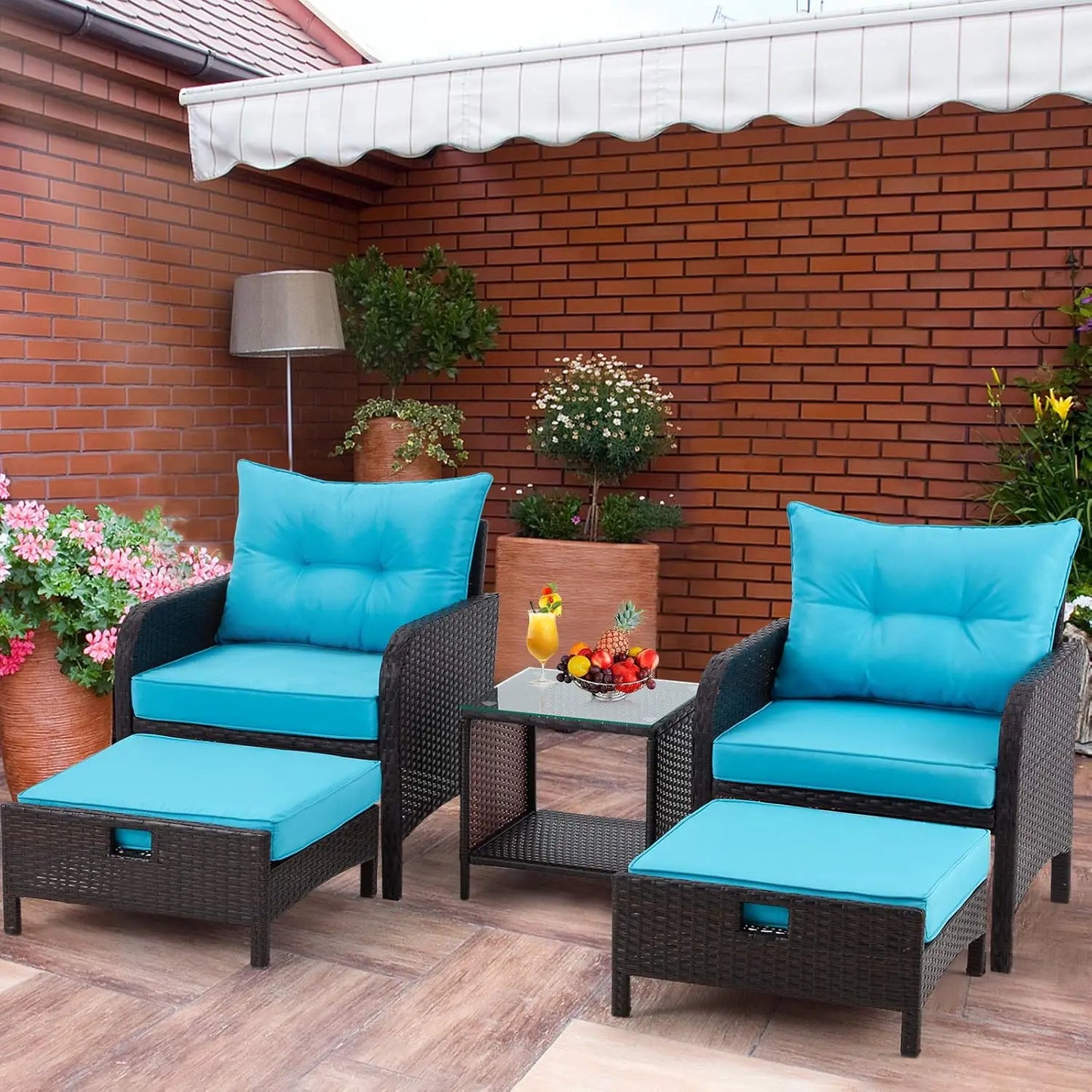Patio Furniture Set, Outdoor Rattan Chairs with Tempered Glass Coffee Table, Ottomans & Soft Cushions, Wicker Conversation  Set - Home Fusion