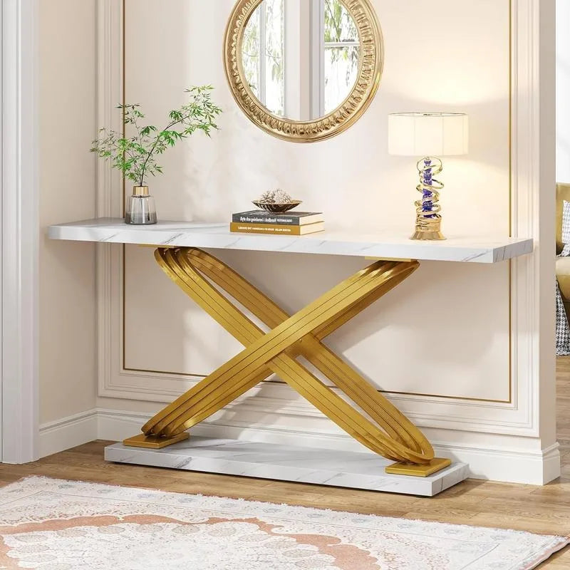 Tribesigns 55" Gold Console Table, Modern Faux Marble Entryway Table with Geometric Metal Base, Long Foyer Sofa Table for Livite - Home Fusion