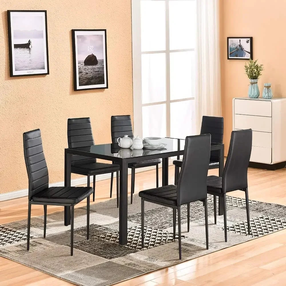 Dining Table with Chairs, Modern Tempered Glass Top Table and PU Leather Chairs with 6 Chairs Dining Room Furniture - Home Fusion