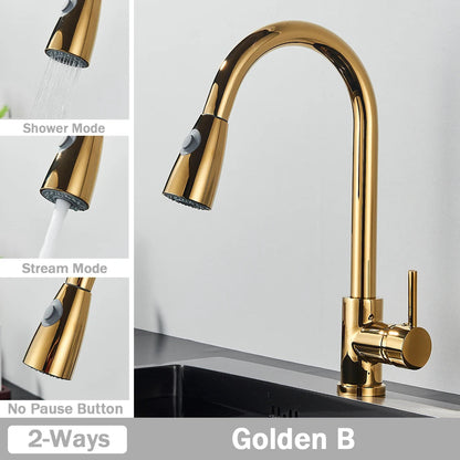 Brushed Nickel Kitchen Faucet Flexible Pull Out Nozzle Kitchen Sink Mixer Tap Stream Sprayer Head Deck Black Hot Cold Water Taps - Home Fusion