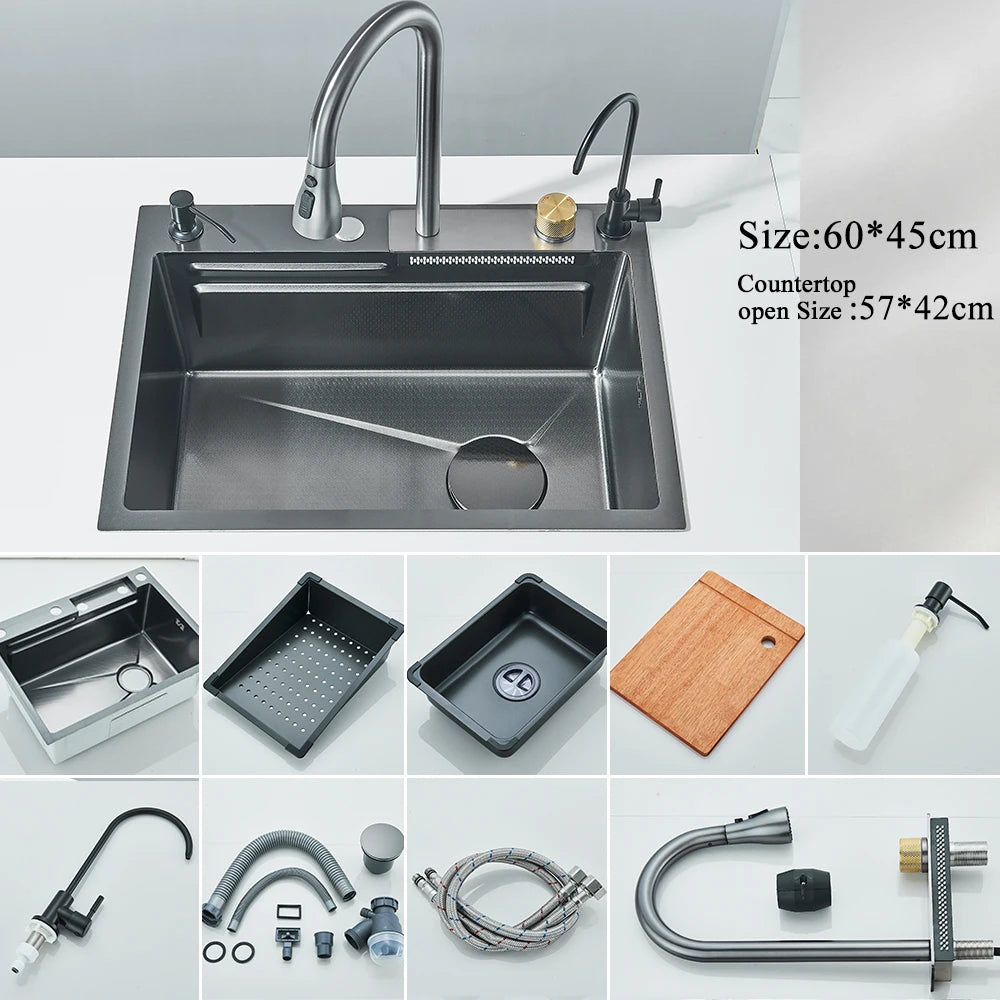304 Stainless Steel Waterfall Kitchen Sink Large Single Slot Integrated Digital Display Faucet Set Soap Dispenser Cup Washer Home Fusion