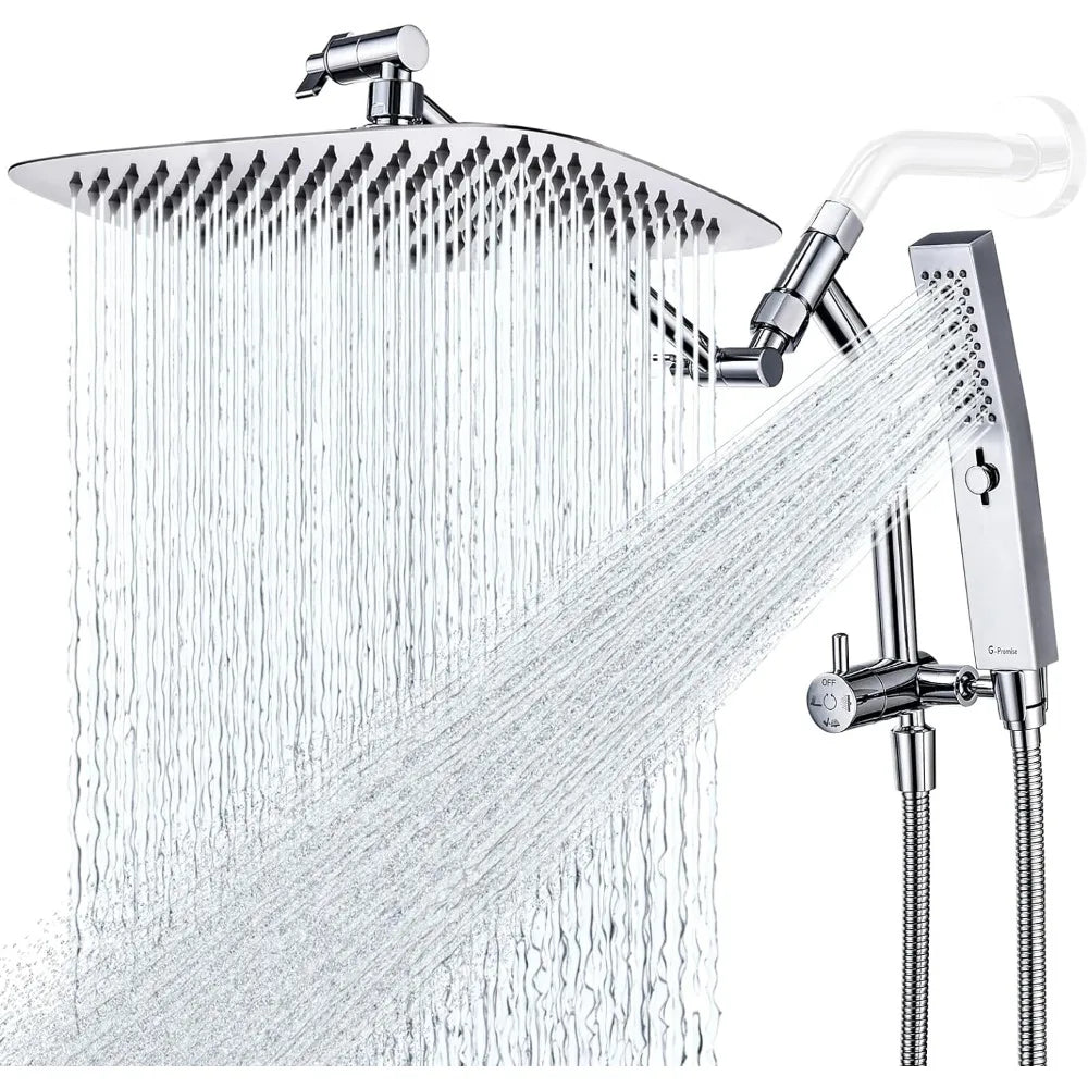 All Metal 12 Inch Shower Head with Massage Mode Handhelde, Rain Shower Head with Handheld Spray Combo, 3-Way Diverter with Paus - Home Fusion