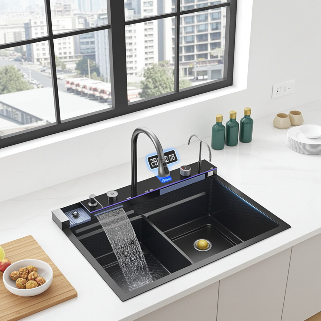 Modern kitchen sink with digital display and water flow in a bright room with large windows.