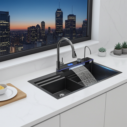 Modern kitchen sink with running water in a cityscape setting