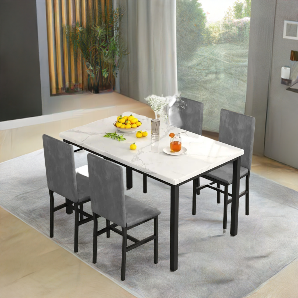 New Dining Table Set for 4 with 4 PU Leather Chairs,5-Piece Marble DiningTable Set with 4 Velvet Metal Frame Chairs for Kitchen Home Fusion