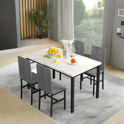 New Dining Table Set for 4 with 4 PU Leather Chairs,5-Piece Marble DiningTable Set with 4 Velvet Metal Frame Chairs for Kitchen - Home Fusion