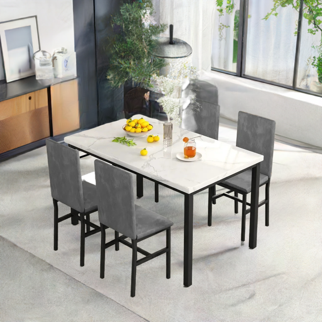 New Dining Table Set for 4 with 4 PU Leather Chairs,5-Piece Marble DiningTable Set with 4 Velvet Metal Frame Chairs for Kitchen - Home Fusion