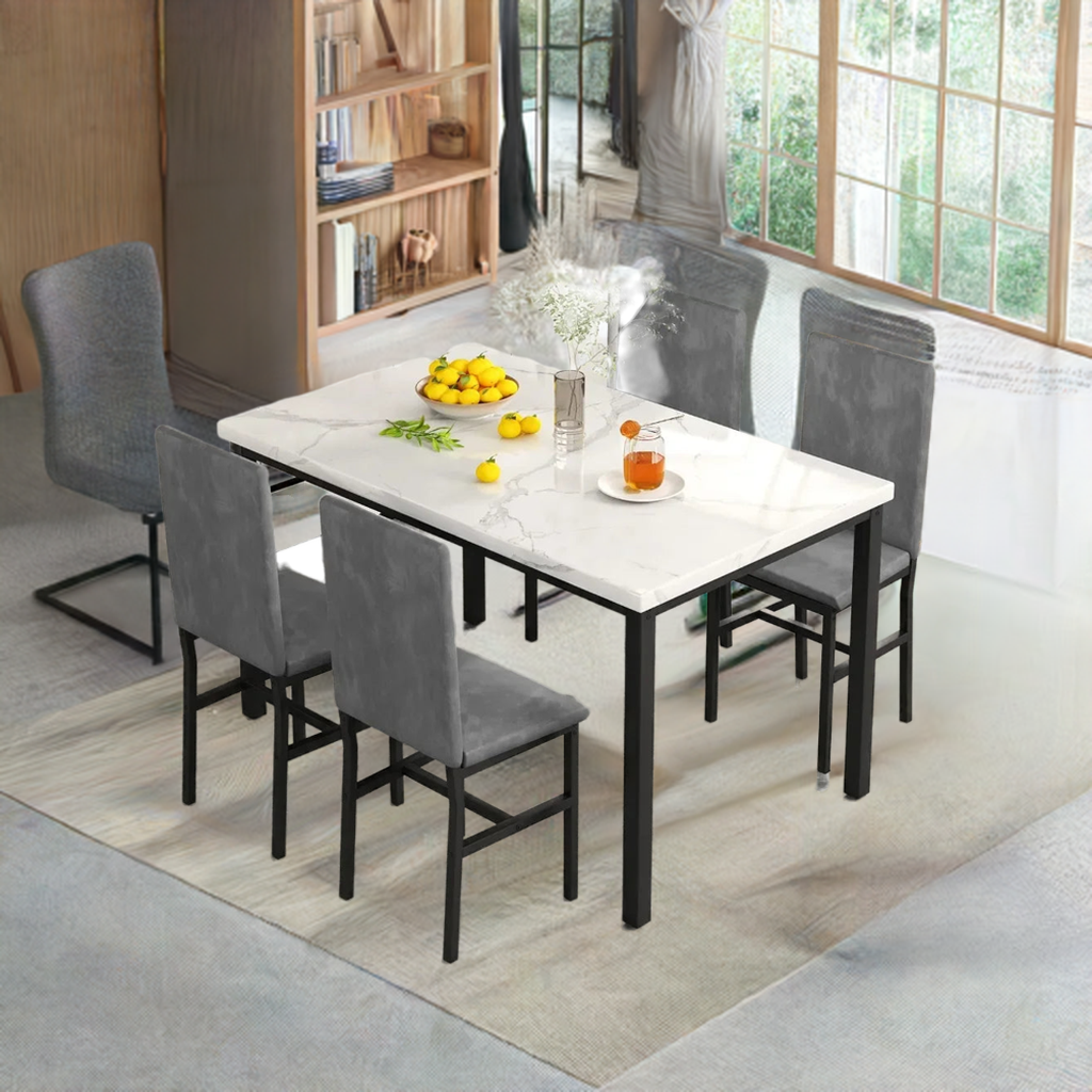 New Dining Table Set for 4 with 4 PU Leather Chairs,5-Piece Marble DiningTable Set with 4 Velvet Metal Frame Chairs for Kitchen Home Fusion