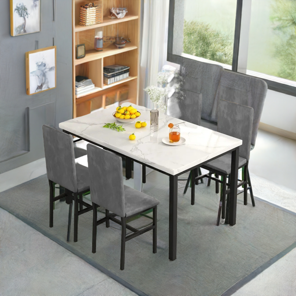 New Dining Table Set for 4 with 4 PU Leather Chairs,5-Piece Marble DiningTable Set with 4 Velvet Metal Frame Chairs for Kitchen - Home Fusion