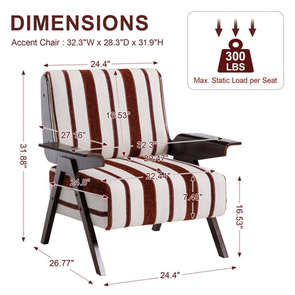 Striped accent chair with dimensions and weight capacity label on a white background