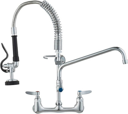 Chrome kitchen faucet with a flexible spray head on a white background