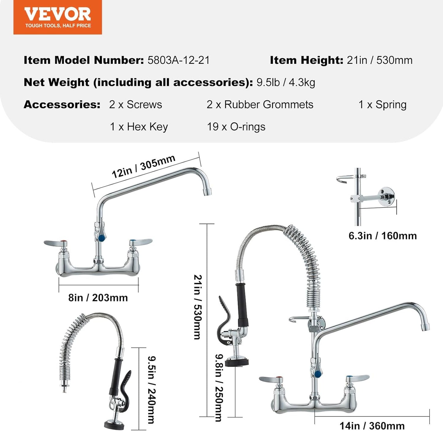Vevor kitchen faucet set with dimensions and accessories listed on a white background