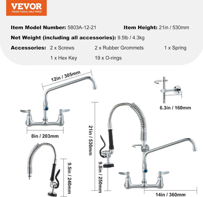 Vevor kitchen faucet set with dimensions and accessories listed on a white background