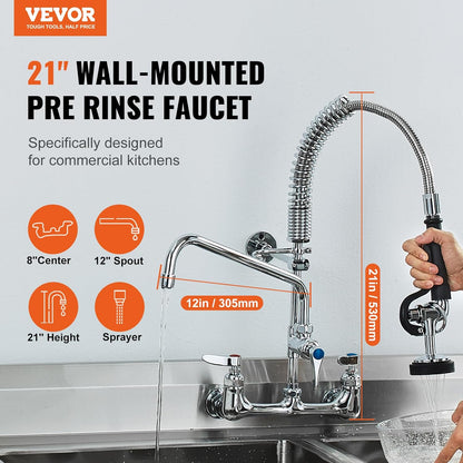 Vevor wall-mounted pre rinse faucet with detailed specifications on a gray background