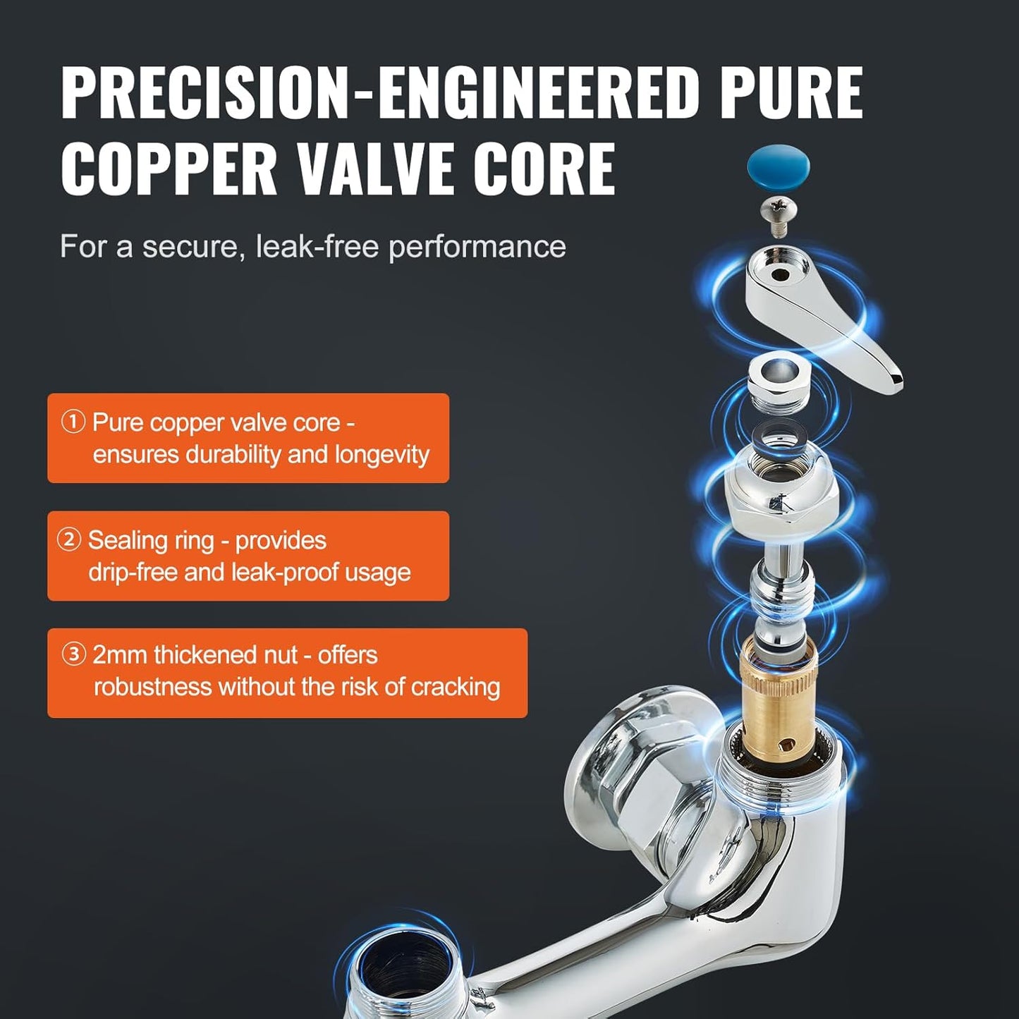 Chrome valve core with text on a black background highlighting features.