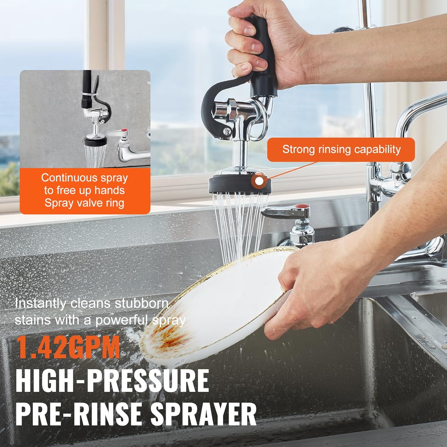Person using a high-pressure pre-rinse sprayer to clean a dish in a kitchen sink.