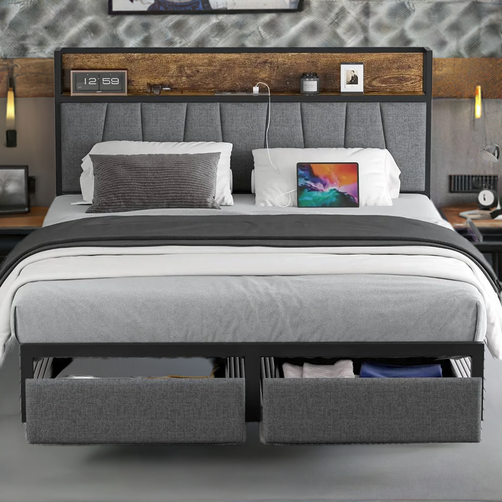 Queen Size Bed Frame with Headboard and Storage, Drawers Platform Bed Frame with Storage Chargin Station LED Light Bed Frame - Home Fusion