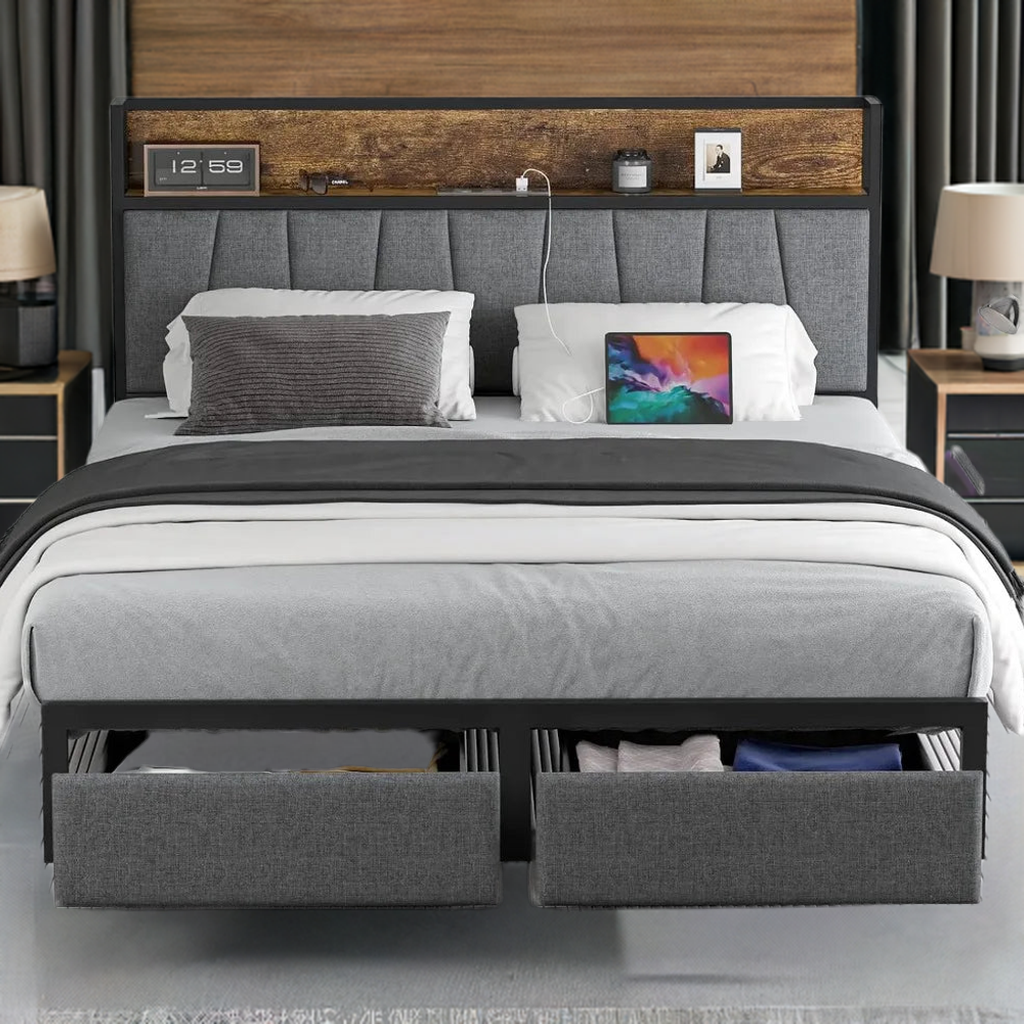 Queen Size Bed Frame with Headboard and Storage, Drawers Platform Bed Frame with Storage Chargin Station LED Light Bed Frame - Home Fusion