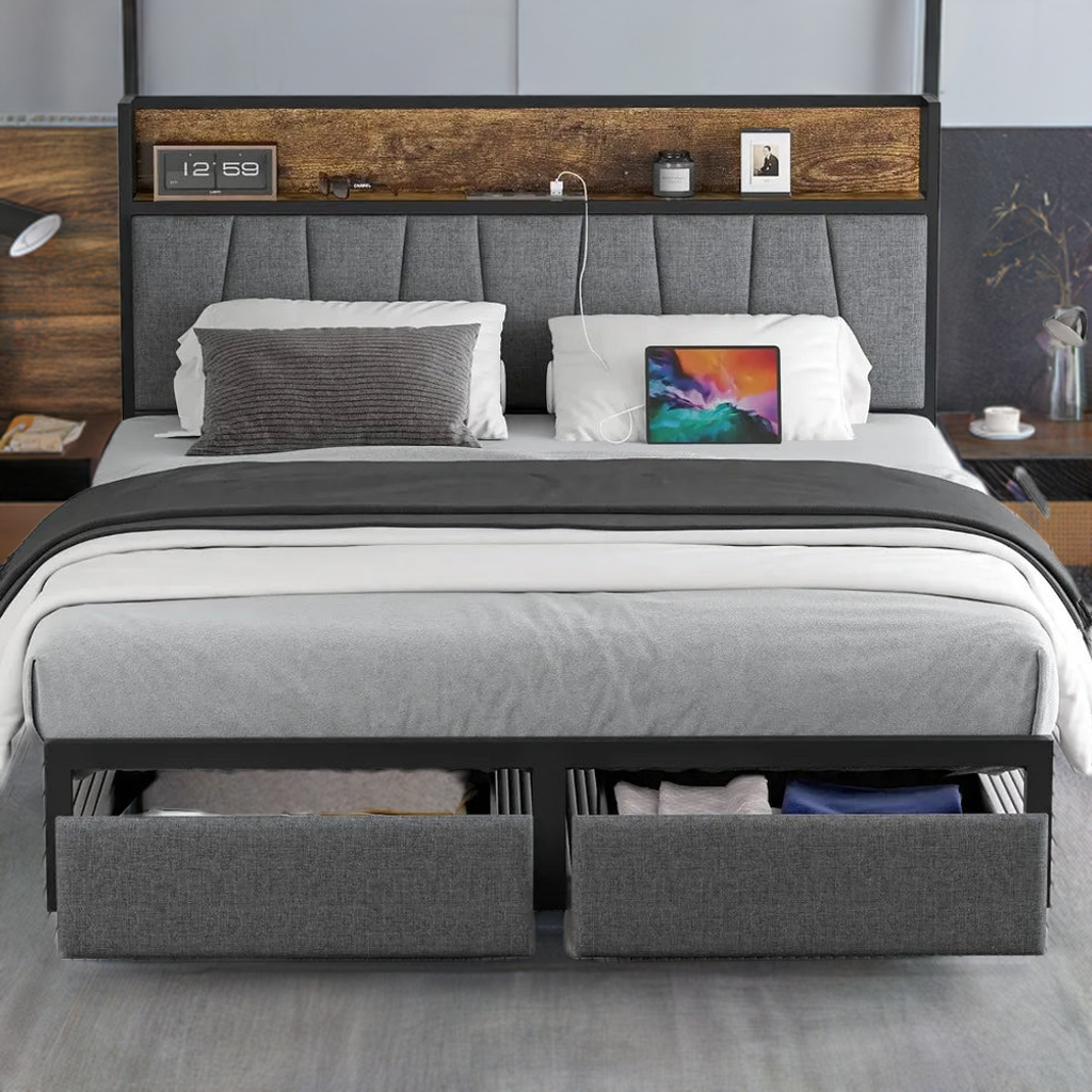 Queen Size Bed Frame with Headboard and Storage, Drawers Platform Bed Frame with Storage Chargin Station LED Light Bed Frame - Home Fusion