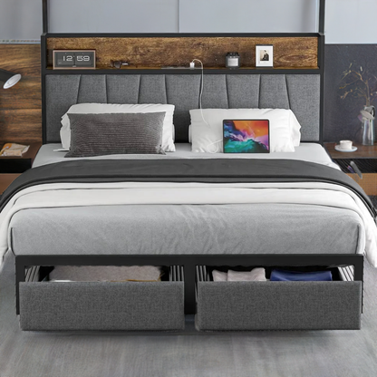 Queen Size Bed Frame with Headboard and Storage, Drawers Platform Bed Frame with Storage Chargin Station LED Light Bed Frame - Home Fusion