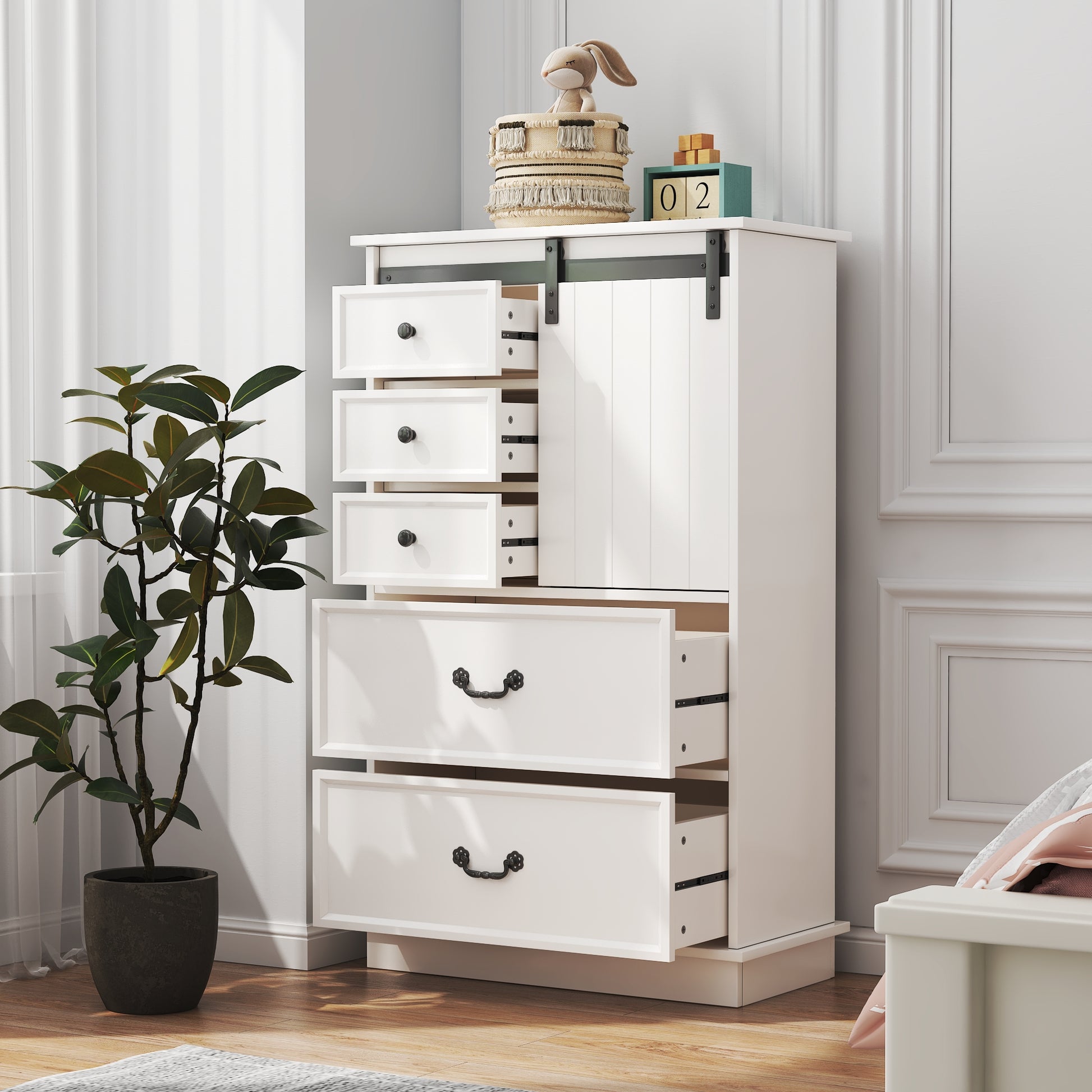 Farmhouse Drawer Chest with Sliding Door, Multi-Storage Drawer Dresser with 5 Drawers and Storage Shelf, Tall Chest of Drawers with Adjustable Shelves for Bedroom, Living room