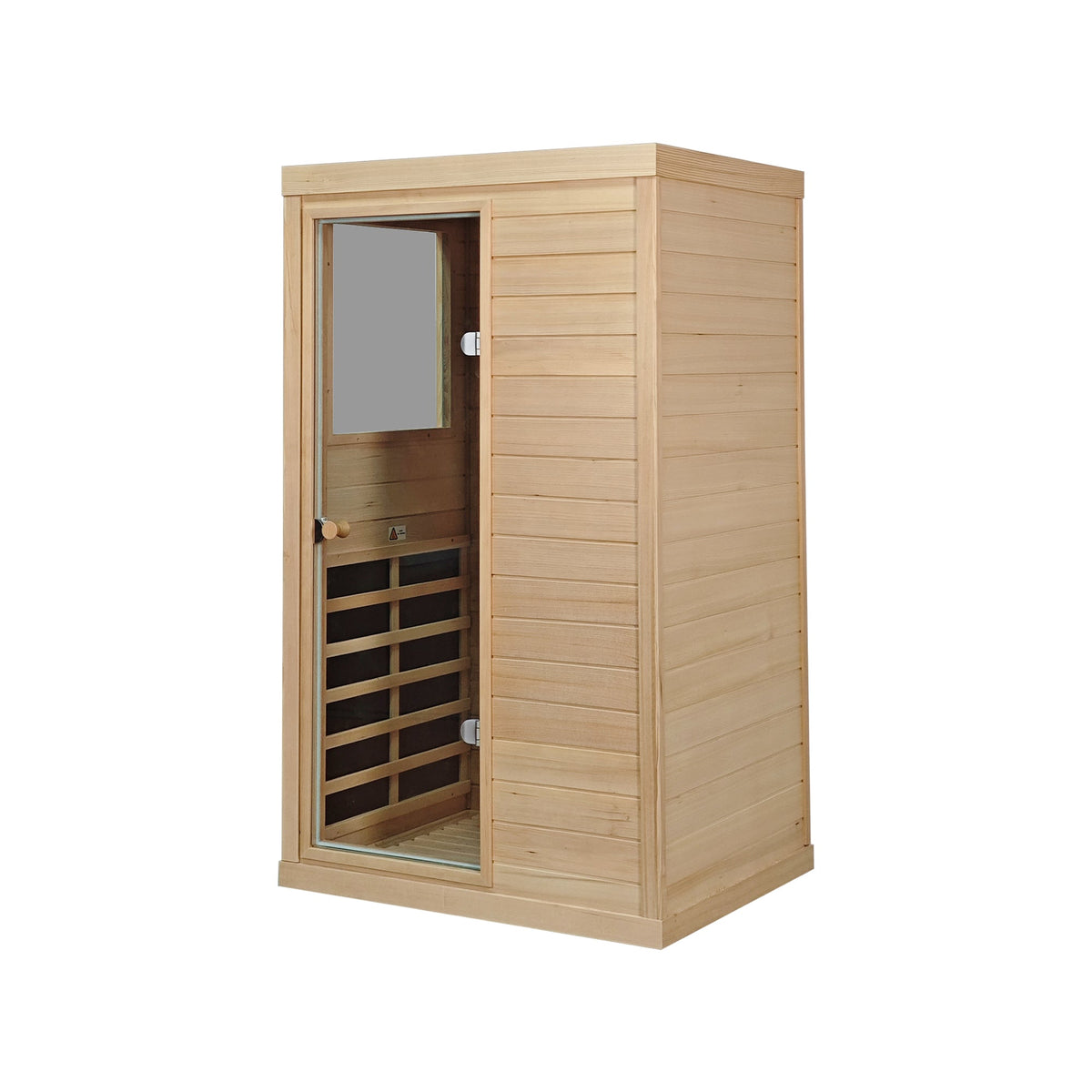 A single-person wooden sauna cabin with a light natural wood exterior, a glass door showing the interior, and a wooden bench inside, isolated on a white background.