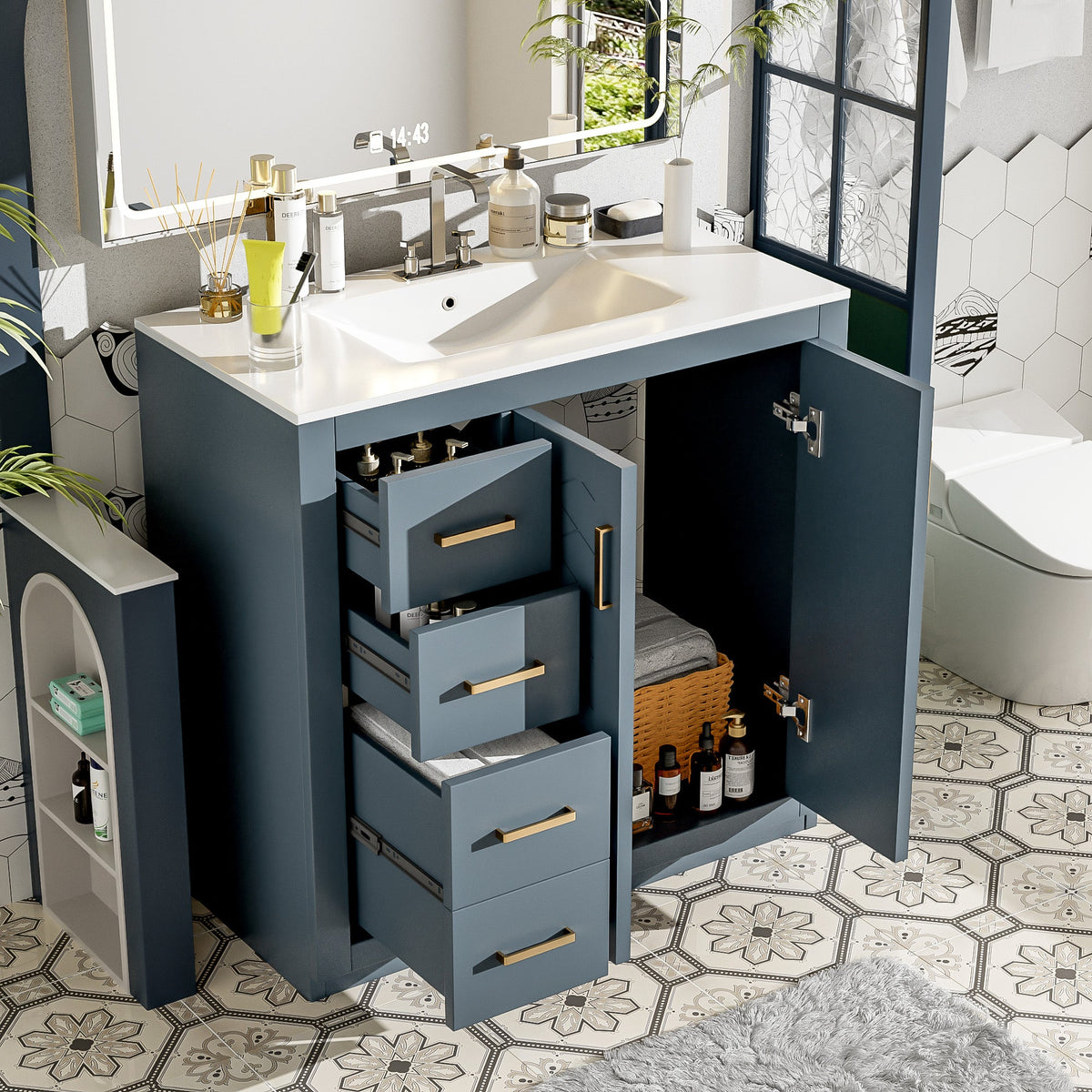 Bathroom vanity with open cabinet doors displaying toiletries, set against a tiled floor and wall.
