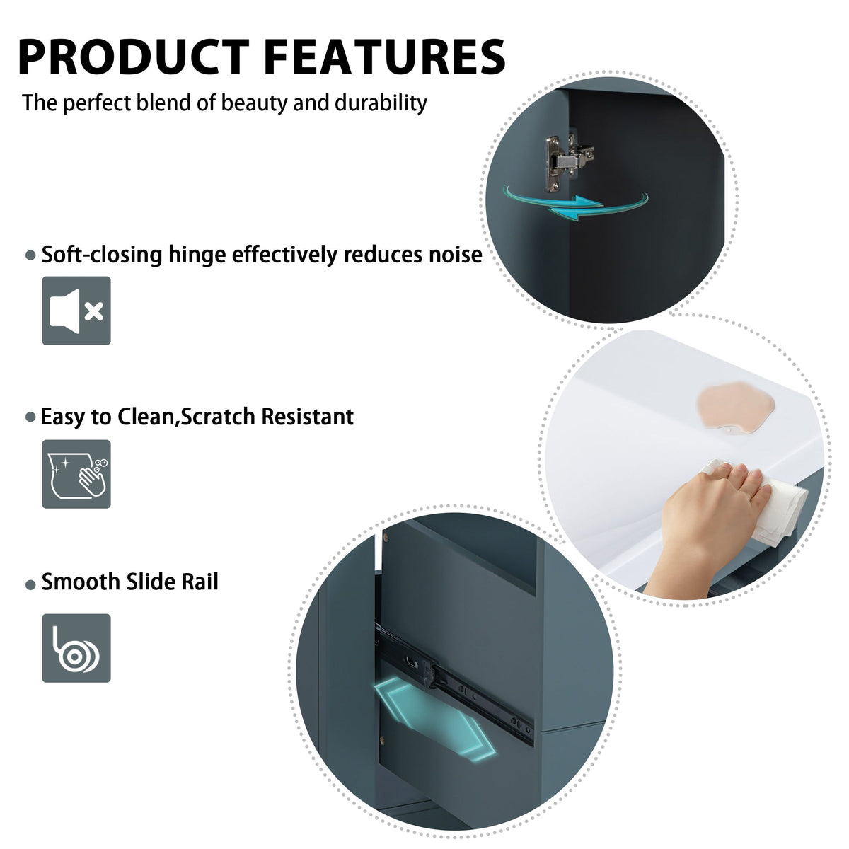 Product features of a cabinet with soft-closing hinge, ease of cleaning, and smooth slide rail on a white background.